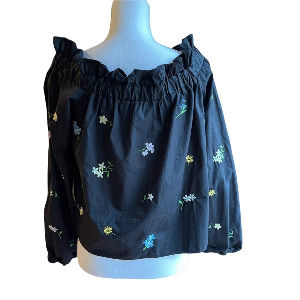 Topshop Black Off The Shoulder Embroidered Floral Top Size 8 - Picture 5 of 10